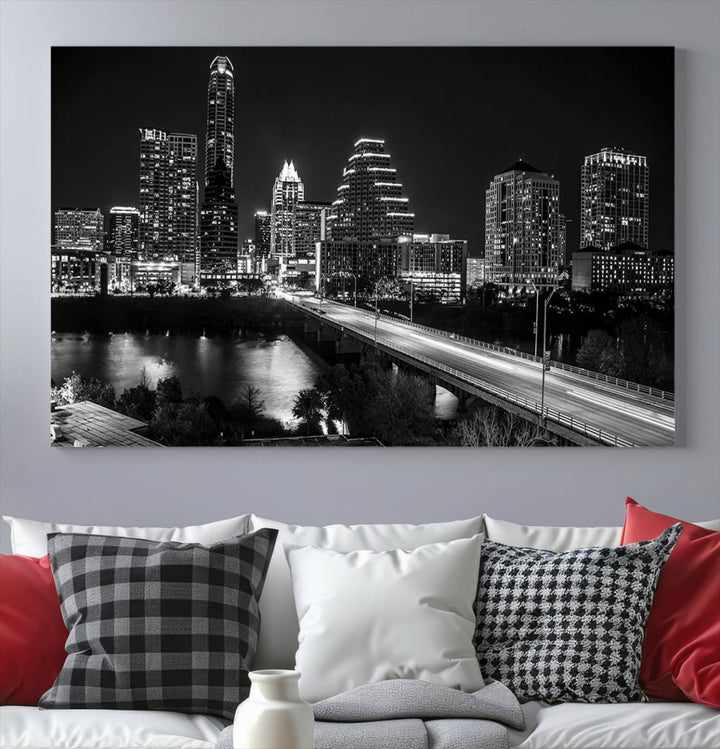 Austin City Lights Skyline Art mural noir et blanc Paysage urbain Impression sur toile