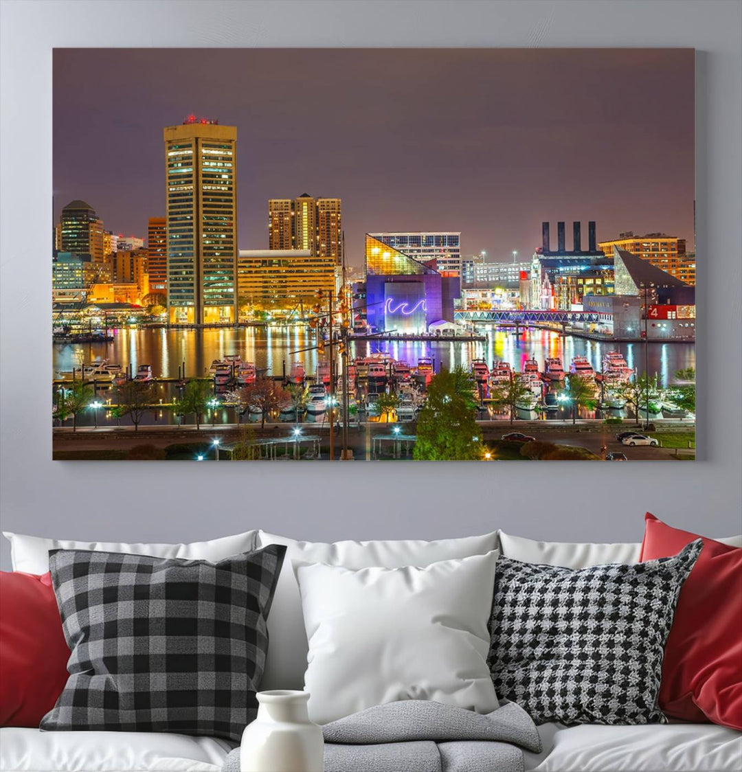 The Baltimore City Lights Night Skyline Cityscape View Wall Art Canvas Print is elegantly displayed on museum-quality canvas.