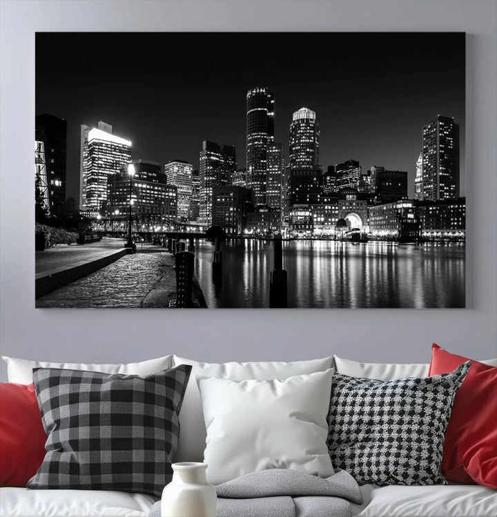 The living room showcases the Boston City Lights Skyline Black and White Wall Art Canvas Print.