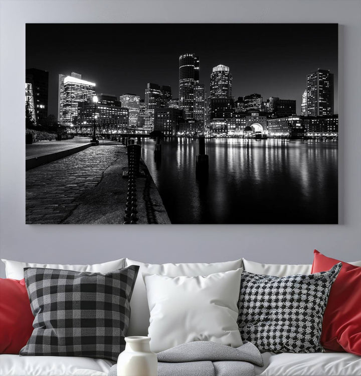 The Boston Lights Skyline Black and White Wall Art Cityscape Canvas Print, crafted with museum-quality canvas and UV-protective coating, serves as a striking triptych centerpiece in the living room.