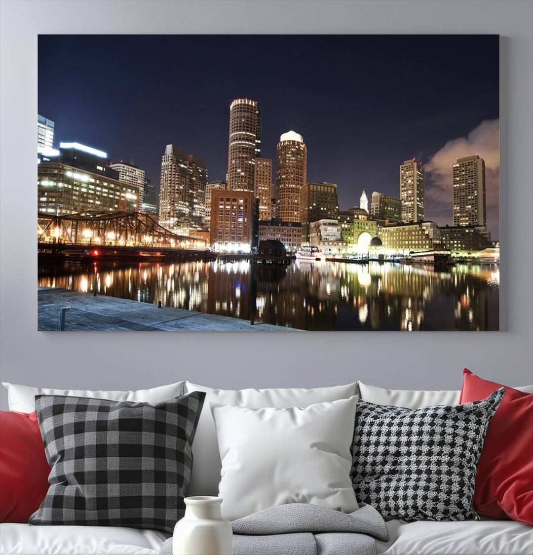 The Boston City Lights Skyline Cityscape View Wall Art Canvas Print showcases a nighttime cityscape on museum-quality canvas.