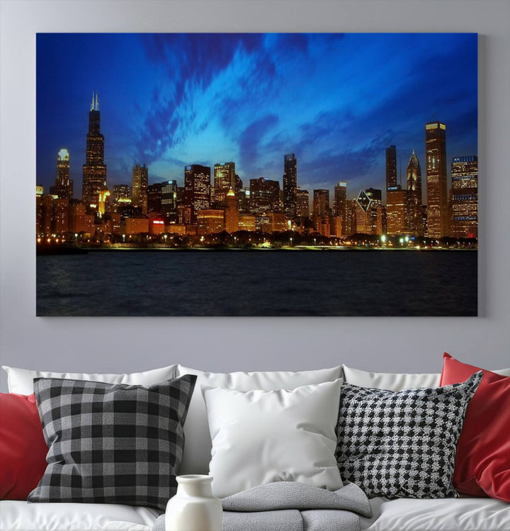 The "Chicago City Lights Night Blue Wall Art Canvas Print," a triptych of a city skyline at dusk rendered on museum-quality canvas with UV-protective coating, is featured in the living room.