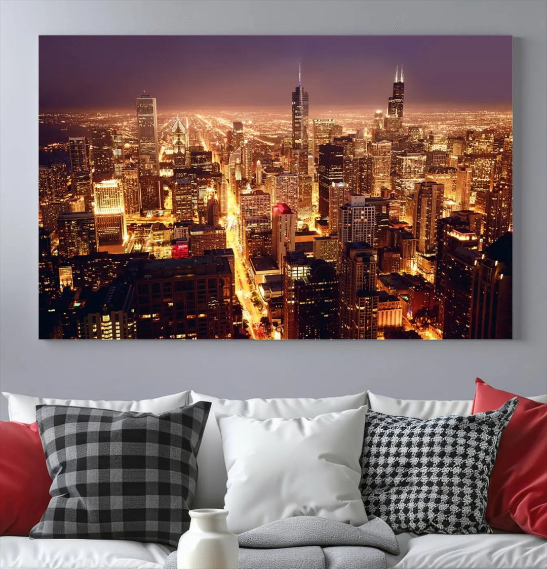 A large artwork showcasing the Chicago Night Skyline cityscape is elegantly displayed on a gallery-wrapped, museum-quality canvas.