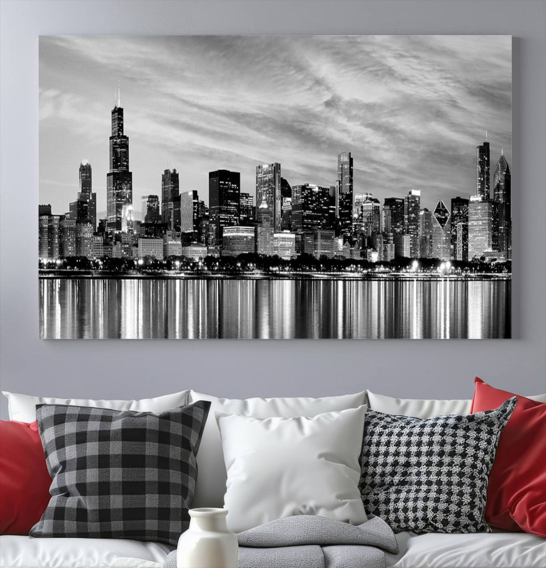 Chicago City Cloudy Skyline Black and White Wall Art Cityscape Canvas Print