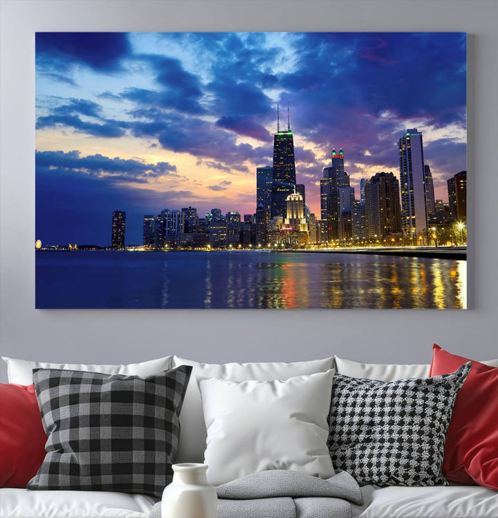 Chicago City Lights Nuit Nuageux Bleu Skyline Cityscape View Wall Art Impression sur toile