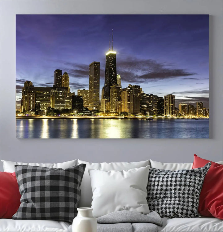 Chicago Night Skyline Cityscape Canvas Picture Print is a stunning three-panel wall art piece, perfect for adding sophistication to any setting. Crafted by professional artisans, this artwork features museum-quality canvases designed to enhance your space. Enjoy free shipping with your purchase.