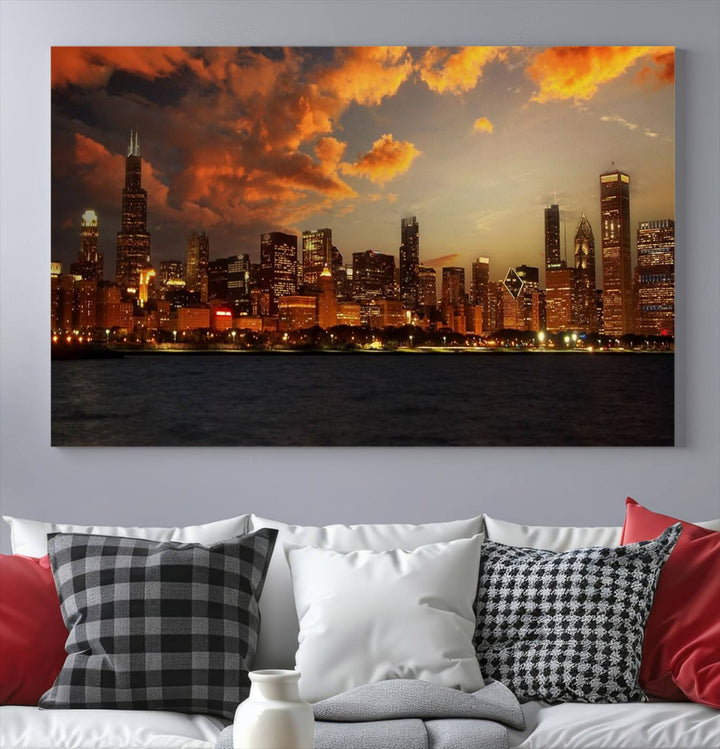 Chicago City Lights Sunset Orange Cloudy Skyline Cityscape View Wall Art Canvas Print