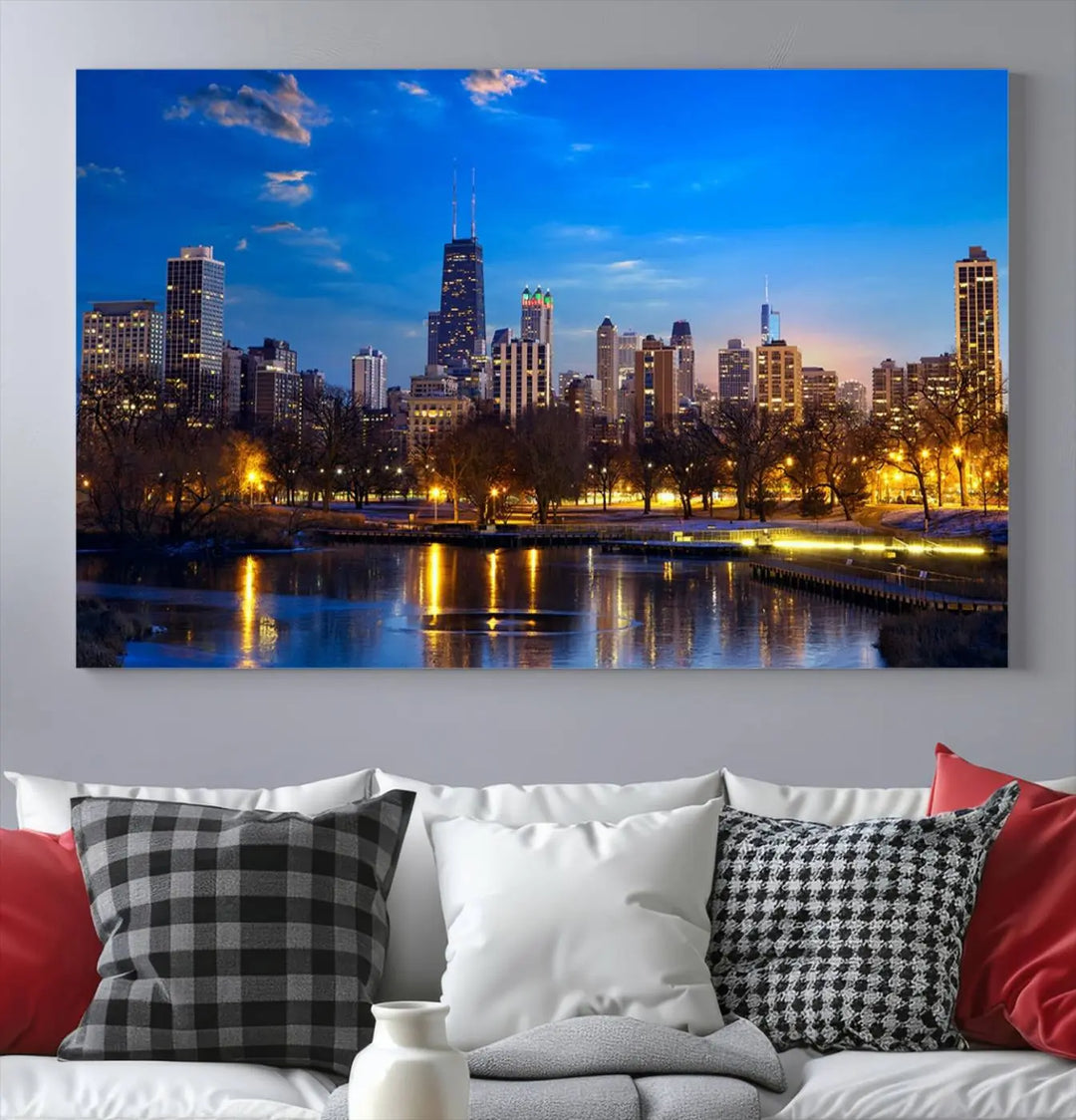 A triptych photo titled "Chicago City Lights Night Blue Skyline Cityscape View Wall Art Canvas Print" is elegantly displayed on gallery-wrapped, museum-quality canvases.