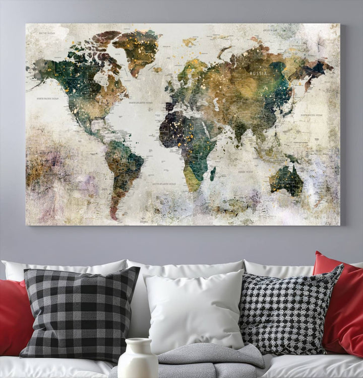 Impresión de arte de pared de mapa del mundo grande - Mapa en lienzo Galería Juego de pared de 3 paneles Regalo para mapa de viajero