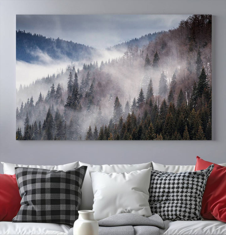 The "Beautiful Rising Fog in Winter Mountain Landscape" wall art is presented on museum-quality canvas, adding a striking visual element to the living room.