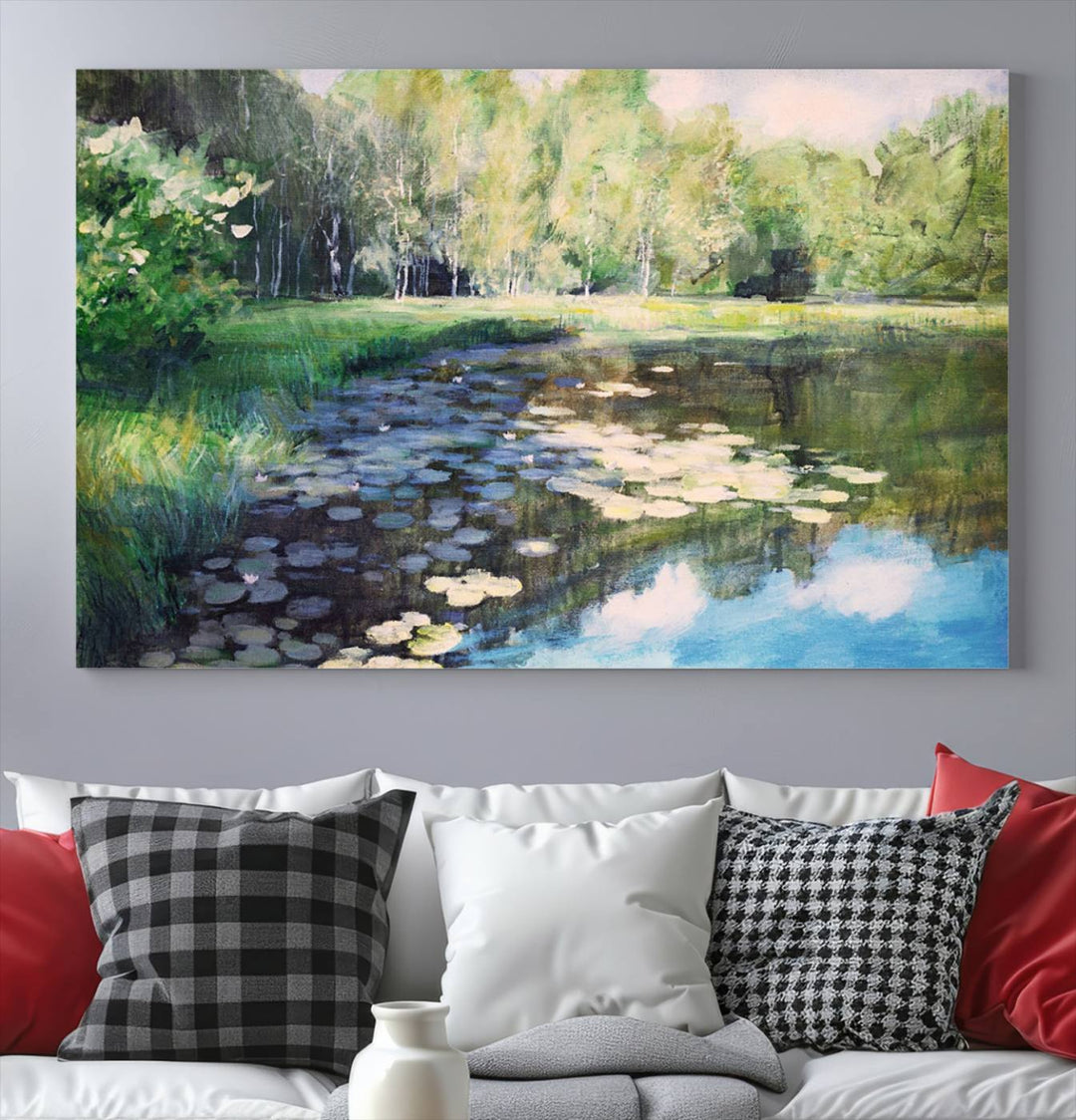 The "Forest Pond River Lake Wall Art Canvas Print" showcases a serene lakeside landscape with trees and water lilies. Crafted on museum-quality canvases and enhanced with UV-protective coating, this piece serves as an elegant addition to any space.