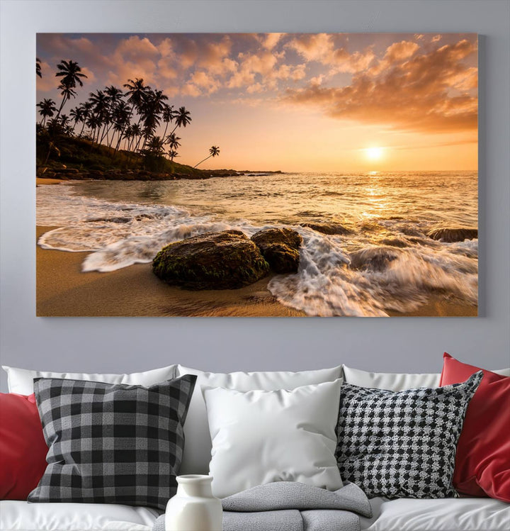 The "Tropical Island Sunset Sunrise Wall Art Canvas Print" is a stunning triptych that showcases a tranquil beach sunset complete with waves and palm trees. Each canvas piece is meticulously hand-assembled and framed using museum-quality polycotton with a UV-protective coating to ensure enduring beauty.