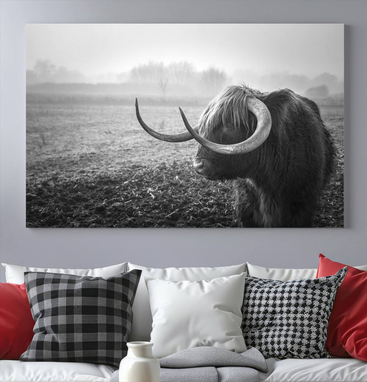 The living room features a three-panel wall art of a highland cow in a foggy field, using the Cow Wall Art Canvas Print for visual impact. This museum-quality canvas includes UV-protective coating to ensure longevity.