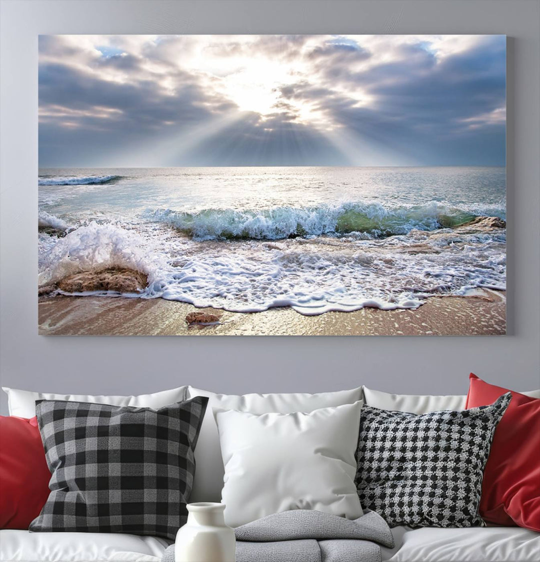 Sunset At The Beach Wall Art Canvas Print, showcasing a triptych of a tranquil ocean view with waves and sun rays, is printed on museum-quality canvas with UV-protective coating. Enjoy this artistic elegance with free shipping.