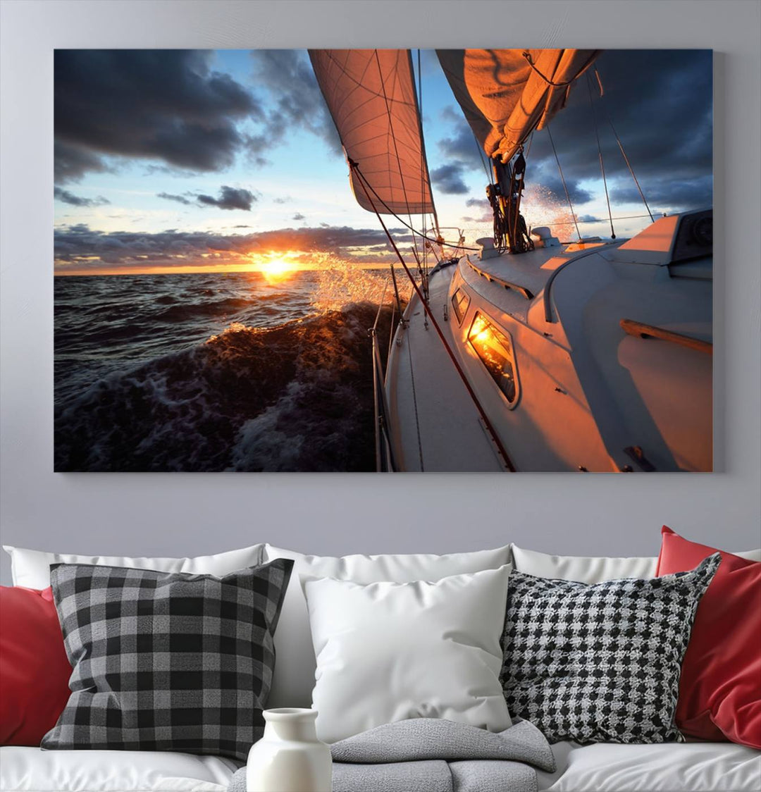 The modern living room is adorned with the Ocean Sunset Sailboat Wall Art, a triptych crafted on museum-quality canvas featuring UV-protective coating for lasting vibrancy.