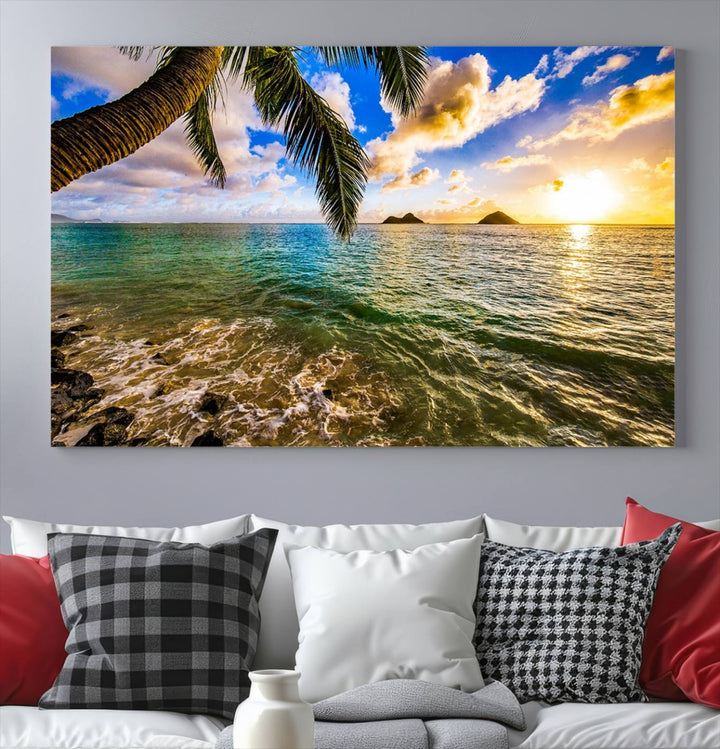 The Sunset Lake View Wall Art Canvas Print, gallery wrapped on a museum-quality canvas, enhances the vibrant living room decor with its UV-protective coating.