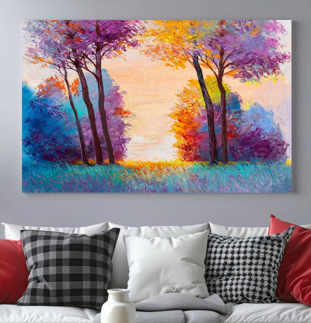 Oil Paint Effect Trees Wall Art Canvas Print features a UV-protective coating for lasting vibrancy.