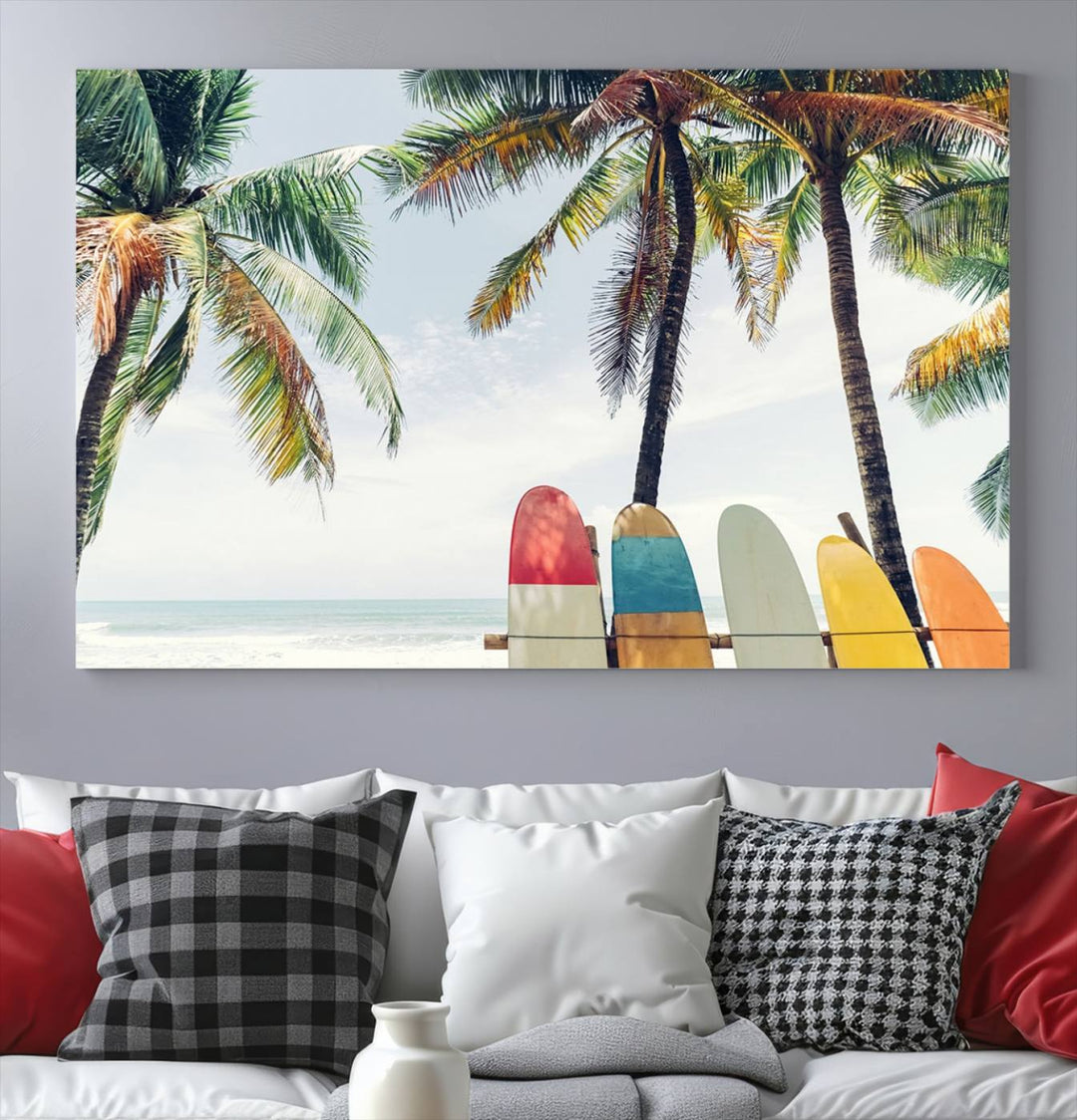 The room showcases The Palm and Surfing Board Wall Art Canvas Print, a triptych of palm trees and surfboards by the beach, elegantly gallery wrapped for a sophisticated finish.