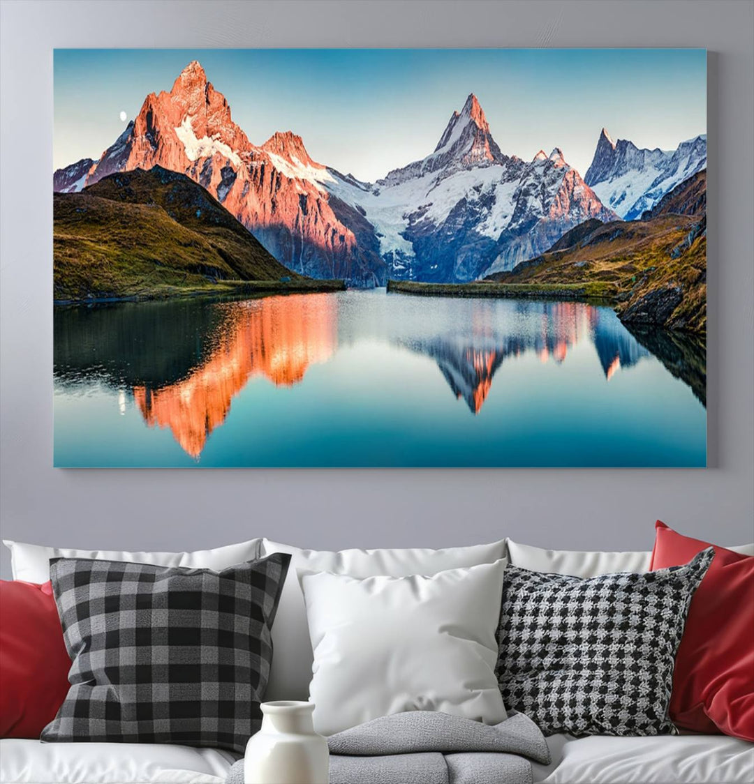 The living room features the Landscape Mountain and Lake View Wall Art Canvas Print. This triptych is expertly handmade in the USA on museum-quality canvas and includes a UV-protective coating to ensure lasting beauty.