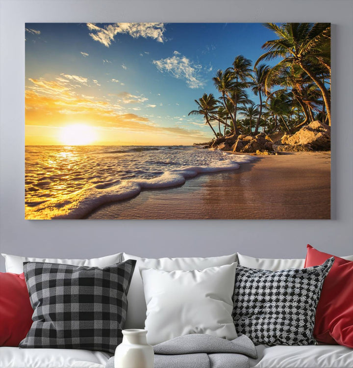 The wall features a Sunset Ocean View Beach Canvas Print, showcasing museum-quality craftsmanship by professional artisans.