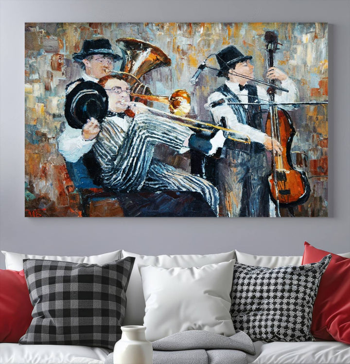 The Good Old Days Musicians Wall Art Canvas Print graces the wall, merging art with elegance. This museum-quality canvas comes with a UV-protective coating and is ready to hang.