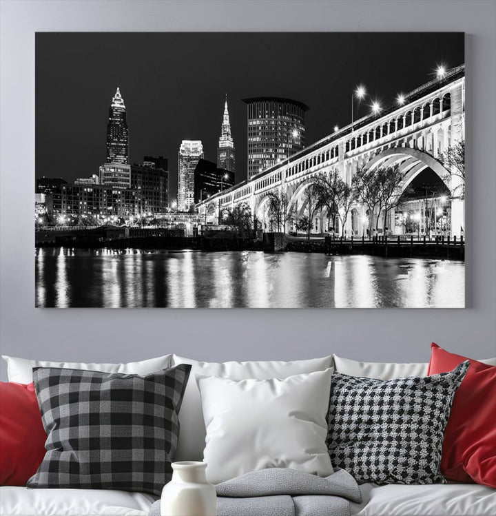 Enhance your space with the Cleveland Night Skyline Wall Art City Cityscape Canvas Print, a museum-quality black and white triptych. This ready-to-hang masterpiece is designed to elevate any room's aesthetic.