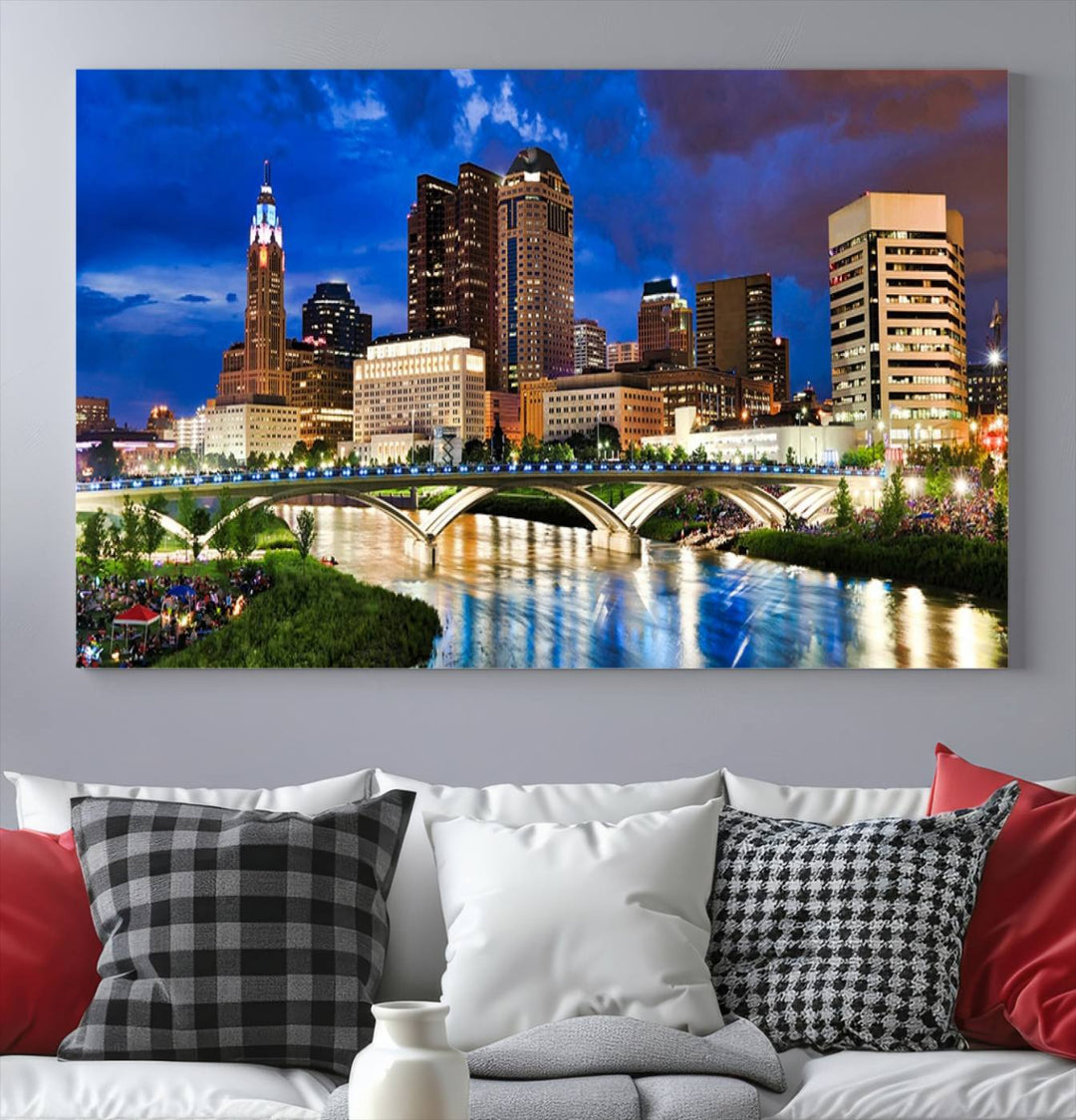 The Columbus City Lights Night Bright Blue Cloudy Skyline Cityscape View Wall Art Canvas Print, crafted on museum-quality canvas and finished with a UV-protective coating, adorns the wall.