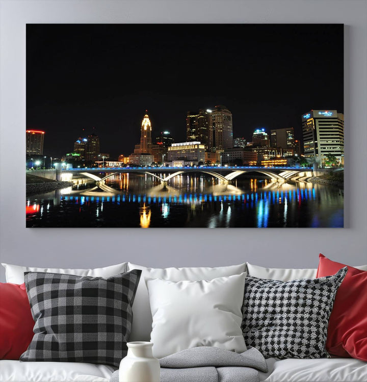 The "Columbus City Lights Night Skyline Cityscape View Wall Art Canvas Print" elegantly decorates the area, presented on museum-quality canvases that feature UV-protective coating to maintain their vibrant appearance.