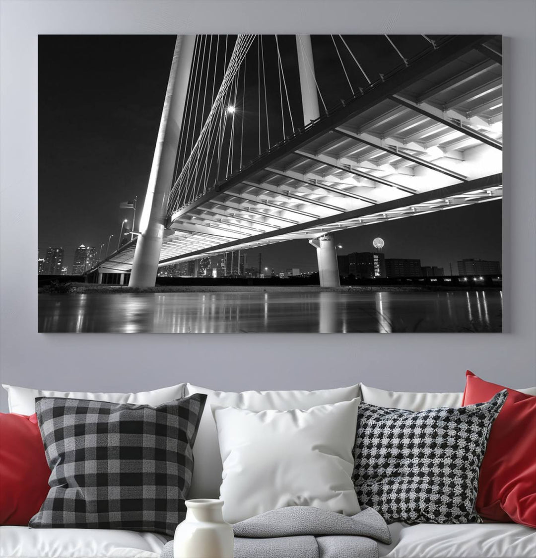 The modern living room features the museum-quality "Dallas City Bridge Lights Skyline Black and White Wall Art Cityscape Canvas Print," elegantly displayed on gallery-wrapped canvas.