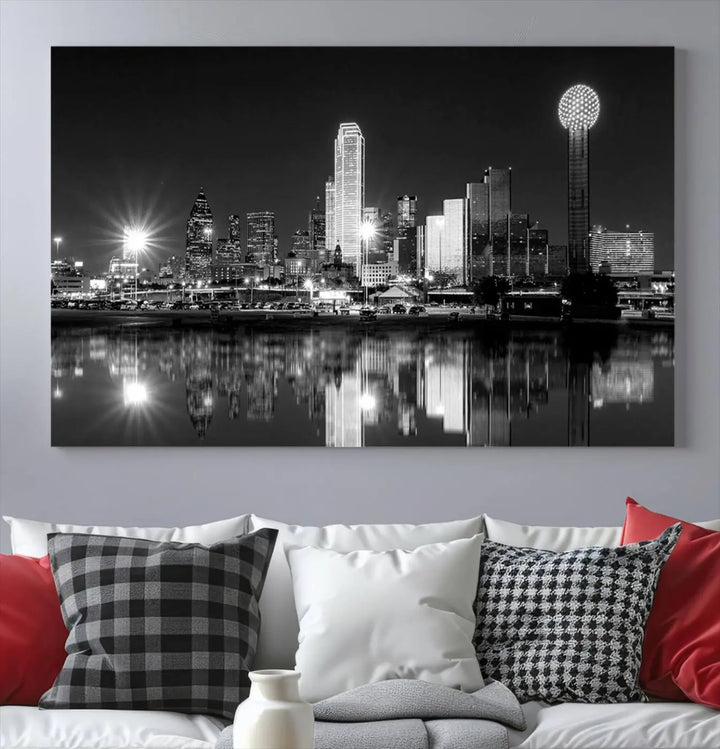 The Dallas City Lights Skyline Black and White Wall Art Cityscape Canvas Print is a striking addition to any space. These museum-quality canvases feature a UV-protective coating to maintain their beauty over time. Enjoy the convenience of free shipping when you choose this elegant piece for your home.