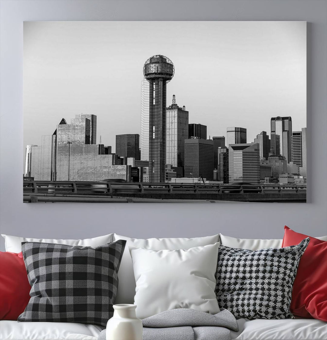 The Dallas City Lights Skyline Black and White Wall Art is elegantly displayed on museum-quality canvas.