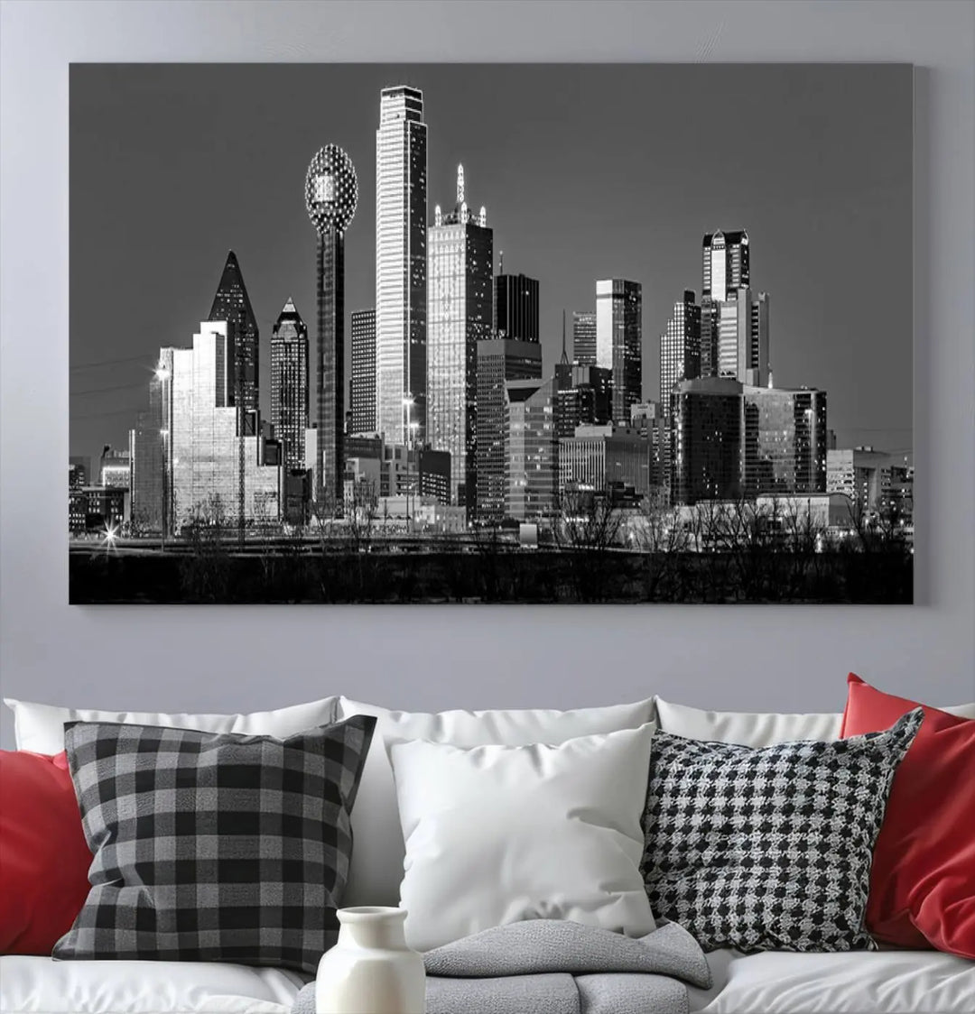 A black and white triptych of the Dallas city skyline is displayed, crafted on museum-quality canvas. This wall art piece is ready to hang, with each component adorned with a UV-protective coating to maintain its captivating appeal.