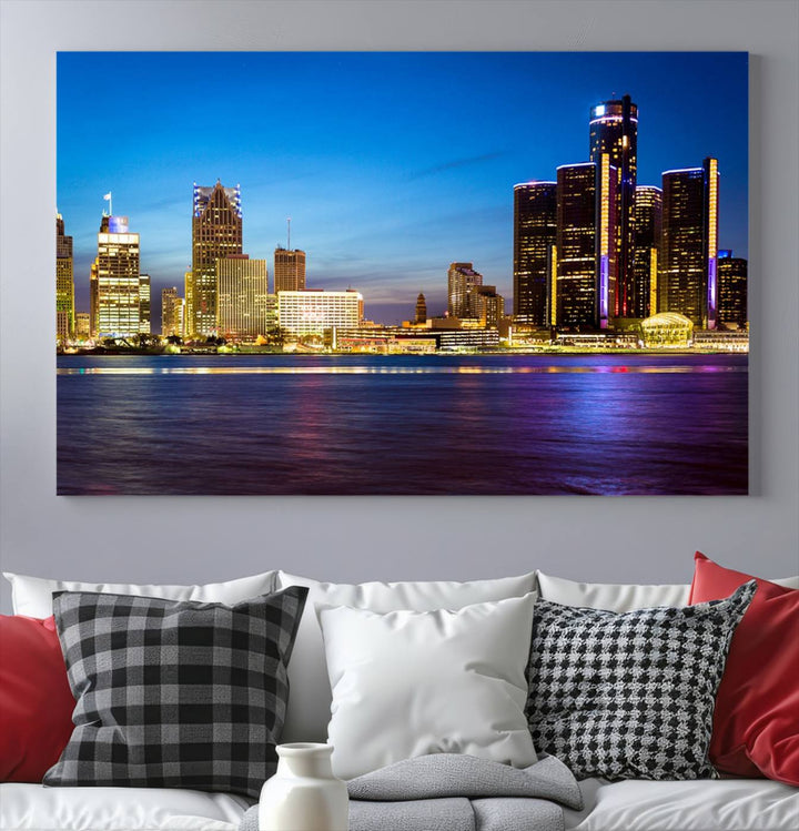 The living room features a breathtaking canvas print titled "Detroit City Lights Night Bright Blue Skyline Cityscape View," presented in a stunning triptych format on museum-quality canvases that are ready to hang.