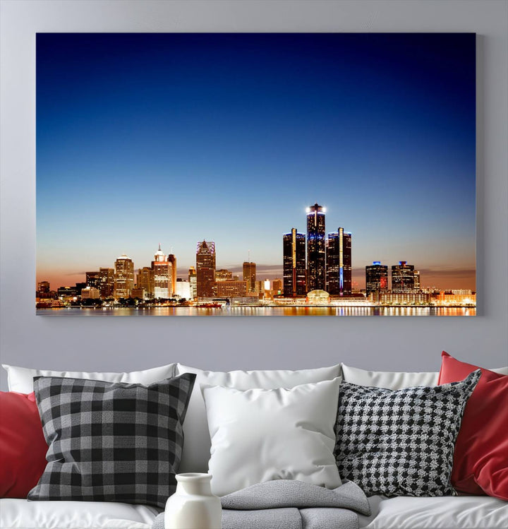 The Detroit City Lights Sunrise Skyline Cityscape View Wall Art Canvas Print adorns the modern living room. Crafted on museum-quality canvas with a UV-protective coating, this piece is ready to hang and elegantly elevates your décor.