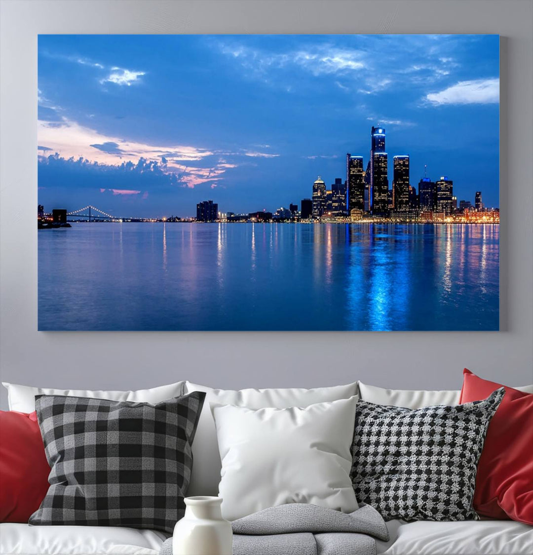 The "Detroit City Lights Night Blue Cloudy Skyline Cityscape View" wall art, displayed on museum-quality canvases, is split into three gallery-wrapped panels.