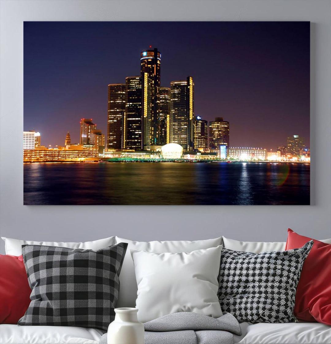 The Detroit City Lights Night Skyline Cityscape View Wall Art Canvas Print, elegantly split into three panels, is made from museum-quality pollycotton and gallery wrapped for a sophisticated touch. It is available with free shipping to effortlessly elevate your space.