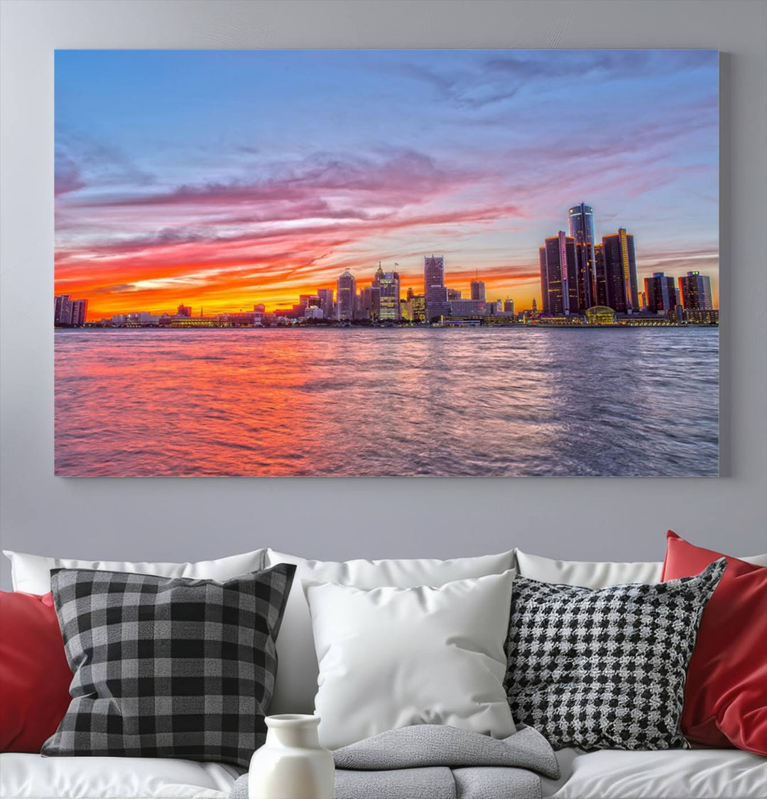 The Detroit City Lights Sunset Colorful Cloudy Skyline Cityscape View Wall Art Canvas Print showcases a vibrant city skyline at sunset over water. The artwork is museum-quality, comes ready to hang, and features a UV-protective coating to preserve its vivid colors.