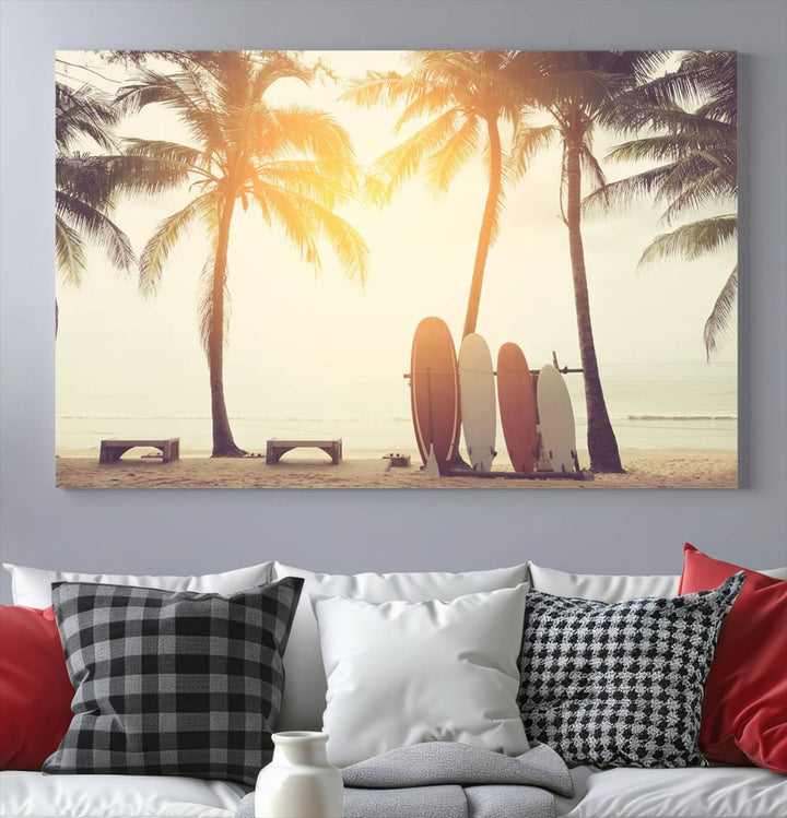 Surfboard and Palm Tree on Beach Double Exposure with Colorful Bokeh Sunset Light Wall Art Canvas