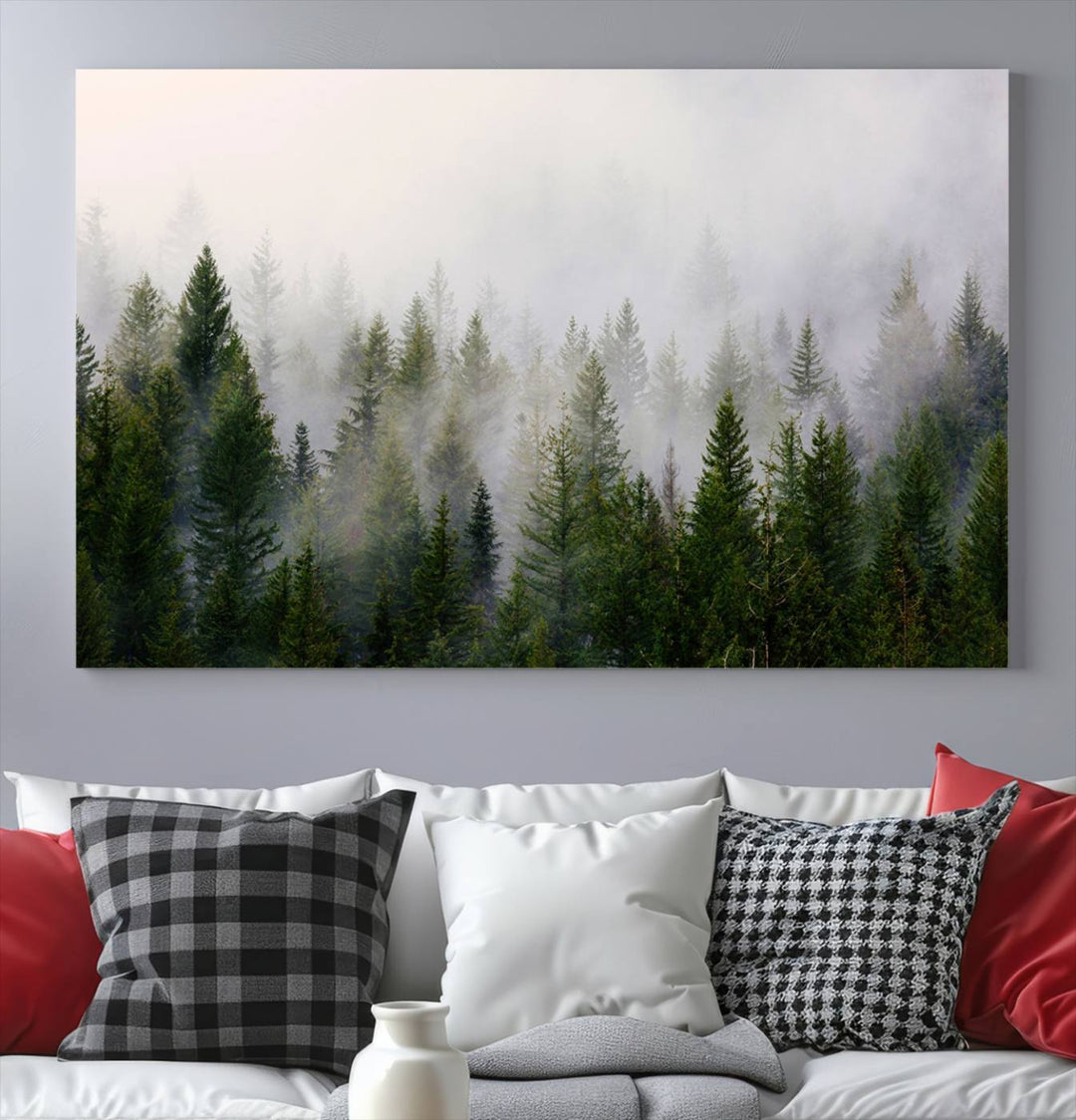 A 3-panel Misty Pine Forest Wall Art Canvas Print, featuring a green woodland scene, adorns the wall.