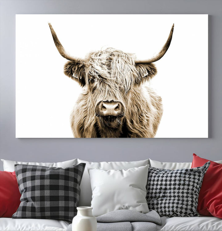 Lienzo de vaca de las Tierras Altas, arte de pared, decoración de granja, vaca, impresión en blanco y negro, decoración de pared rústica, pintura de animales, pared de vaca escocesa