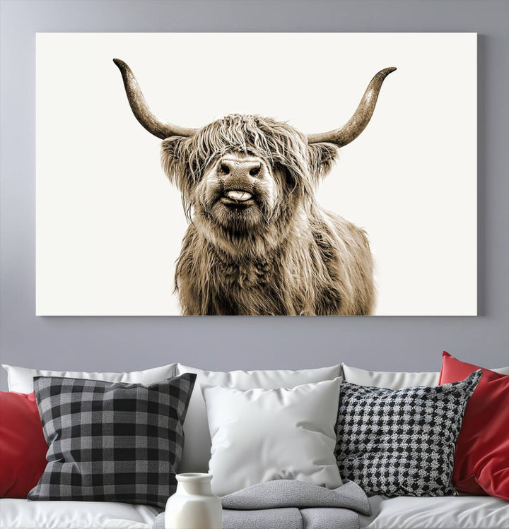 Lienzo de vaca de las Tierras Altas, arte de pared, decoración de granja, vaca, impresión en blanco y negro, decoración de pared rústica, pintura de animales, pared de vaca escocesa