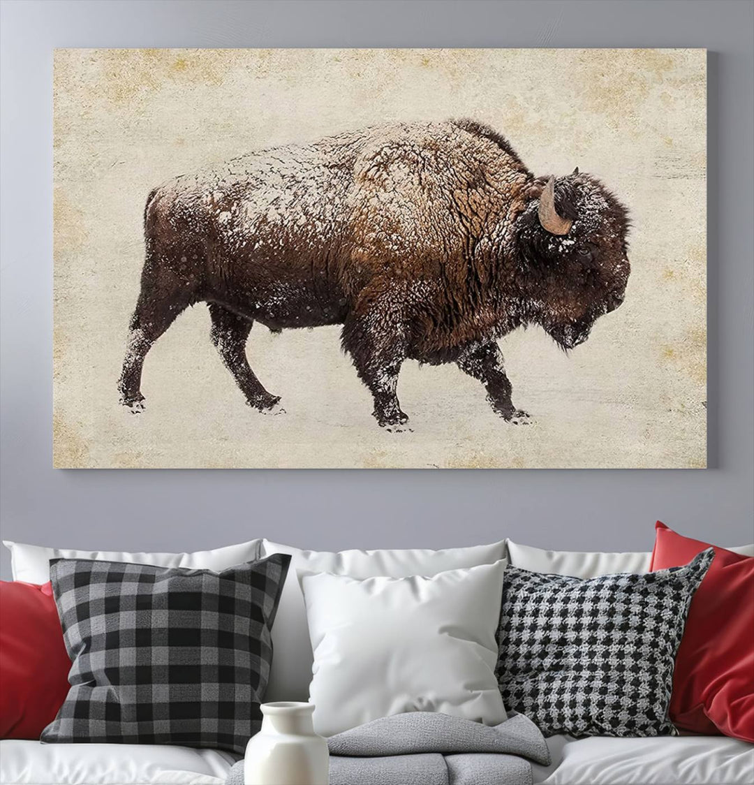 The "Buffalo Wall Art" canvas print, featuring a Western bison, hangs prominently, infusing the space with rustic cowboy and Western decor.