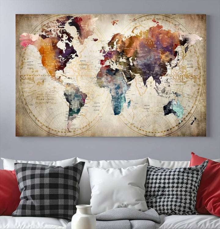 A World Map Wall Art Canvas Print featuring vibrant colors is crafted on museum-quality canvas, adding a touch of elegance to the room.