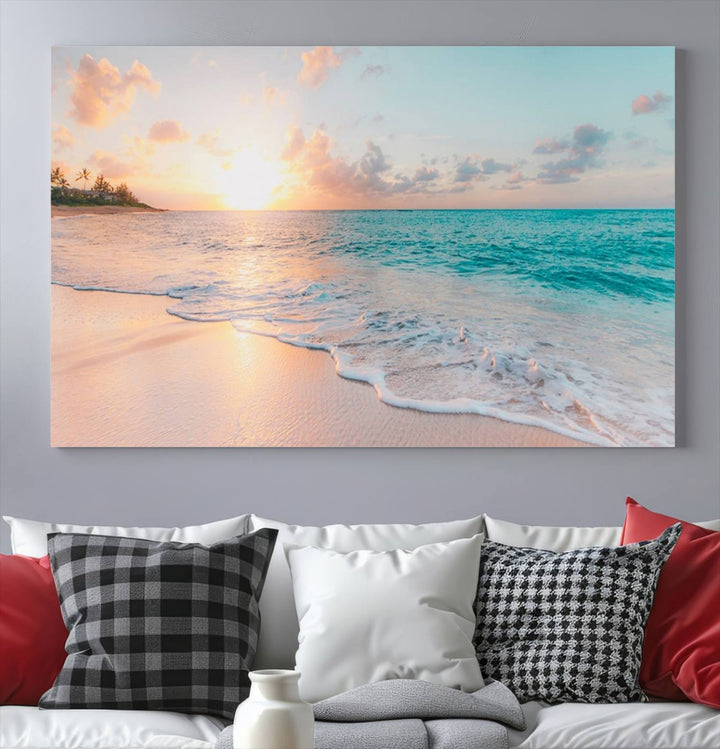 Beach Sunrise Wall Art, Coastal Seascape Canvas Print, Ocean Wave Multi-Panel Giclee, Coastal Sunset Beach Scene for Modern Decor