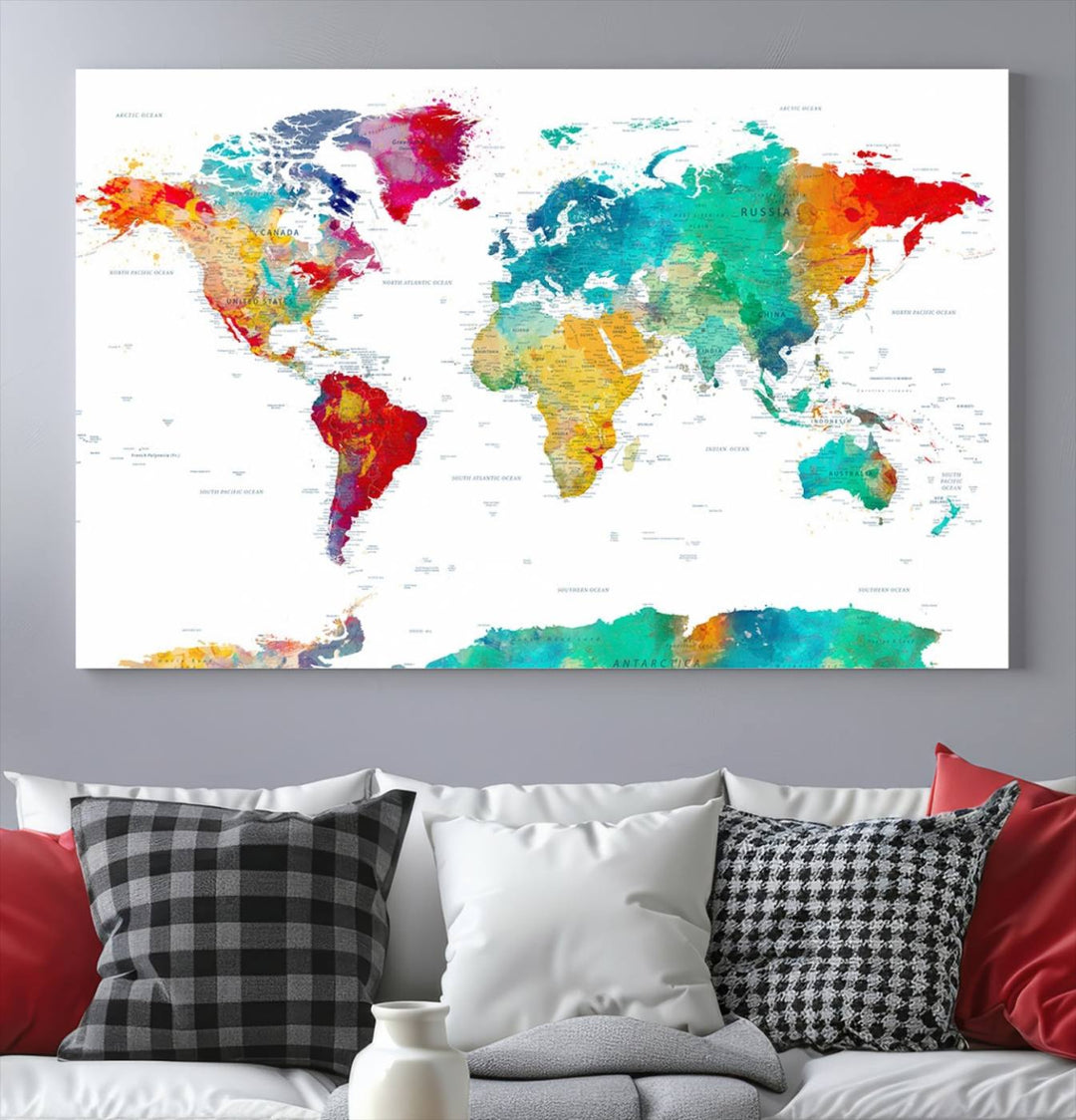 A stunning Colorful World Map Triptych Canvas Print, featuring a ready-to-hang framed design, adds vibrancy and modern flair to the space, effortlessly elevating the entire home décor.