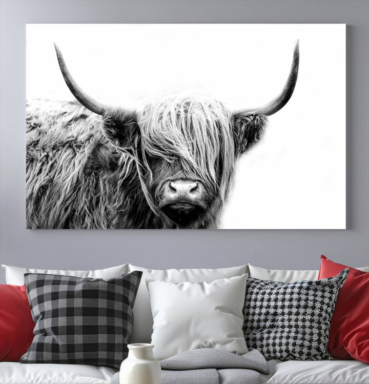 A museum-quality triptych titled "Black White Scottish Highland Cow Cattle Art Print Farmhouse Wall Art Canvas Print" embellishes the dark wall. The canvas is equipped with a UV-protective coating to ensure lasting vibrancy.