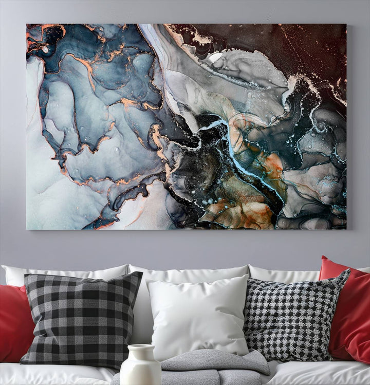 The Mix Color Large Abstract Marble Wall Art Canvas Print is printed on museum-quality canvas. It features a UV-protective coating and is ready to hang, adding elegance to the room.