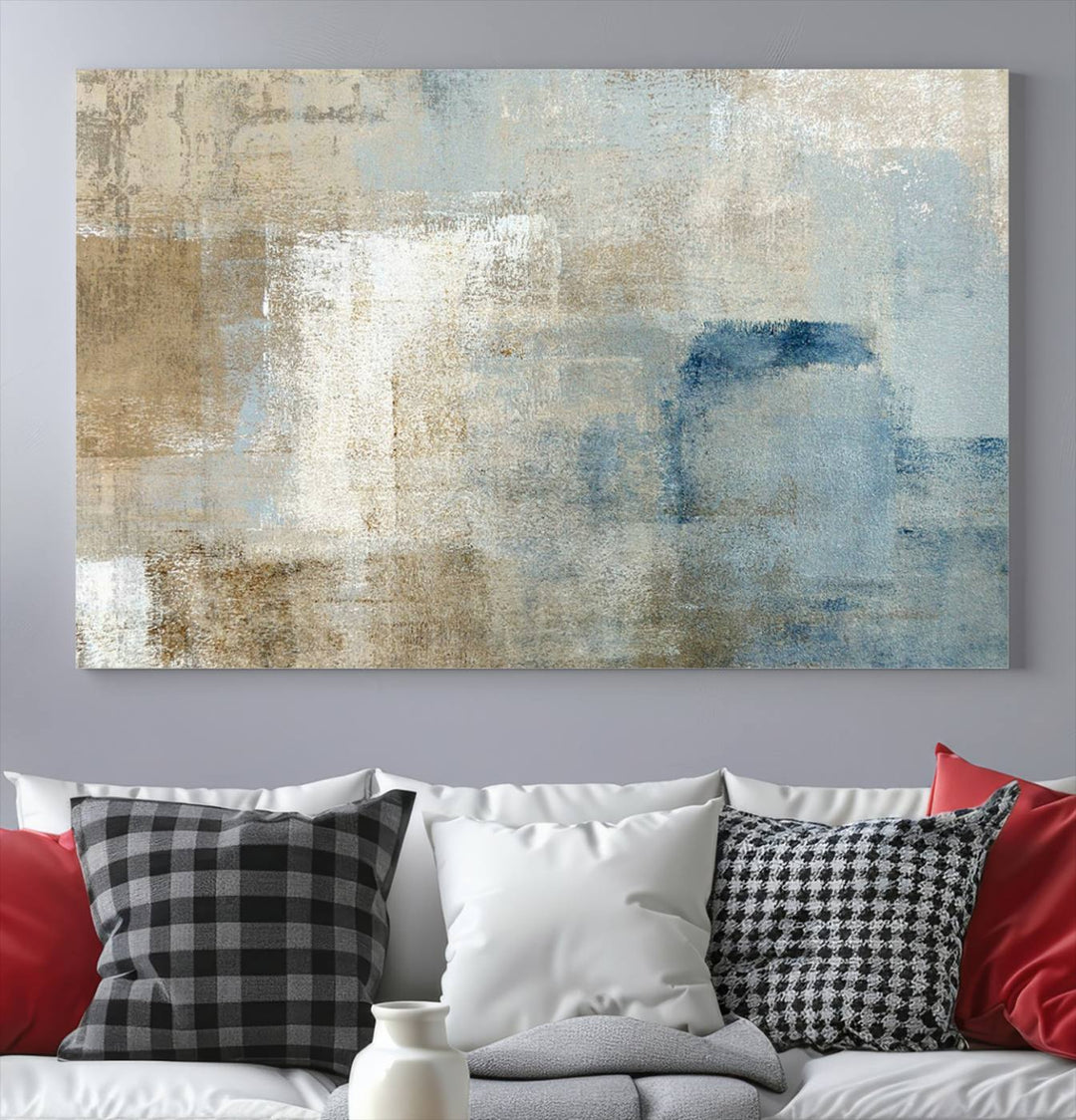 Abstract Blue and Beige Wall Art, Modern Minimalist Canvas Print Set, Giclee Textured Art, Large Multi-Panel Artwork for Living Room