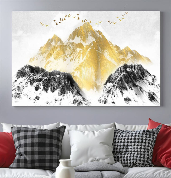 Golden Mountain Triptych Wall Art, Modern Giclee Canvas Print, Nature Landscape Decor for Living Room, Contemporary Gold and Black Wall Art