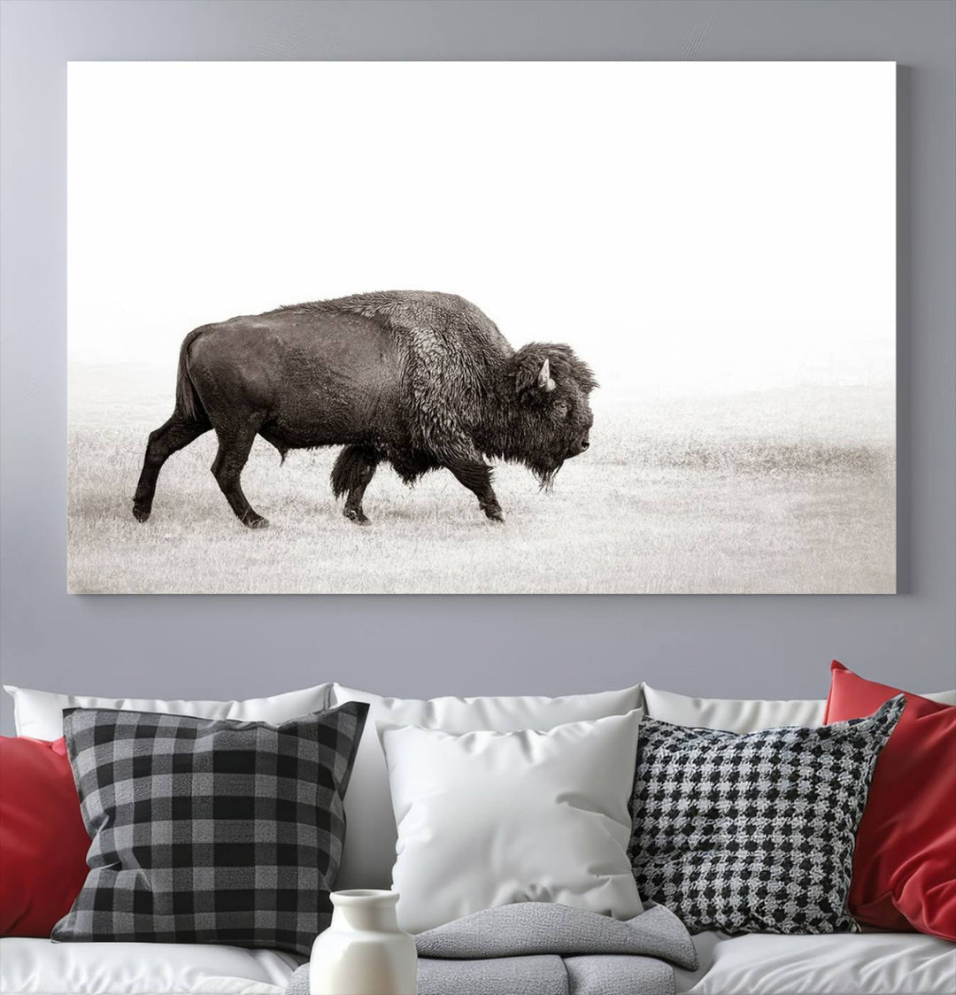 American Bison in Grasslands Triptych Canvas Wall Art – Western-Inspired Nature Decor for Home or Office